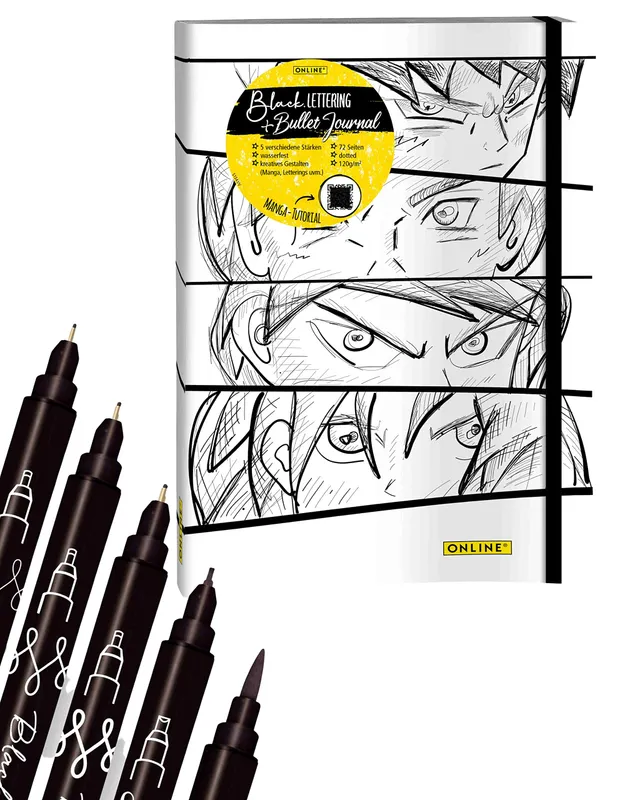 online-manga-malset-mit-5-calli-brush-stiften-und-bullet-journal-a5 image 1