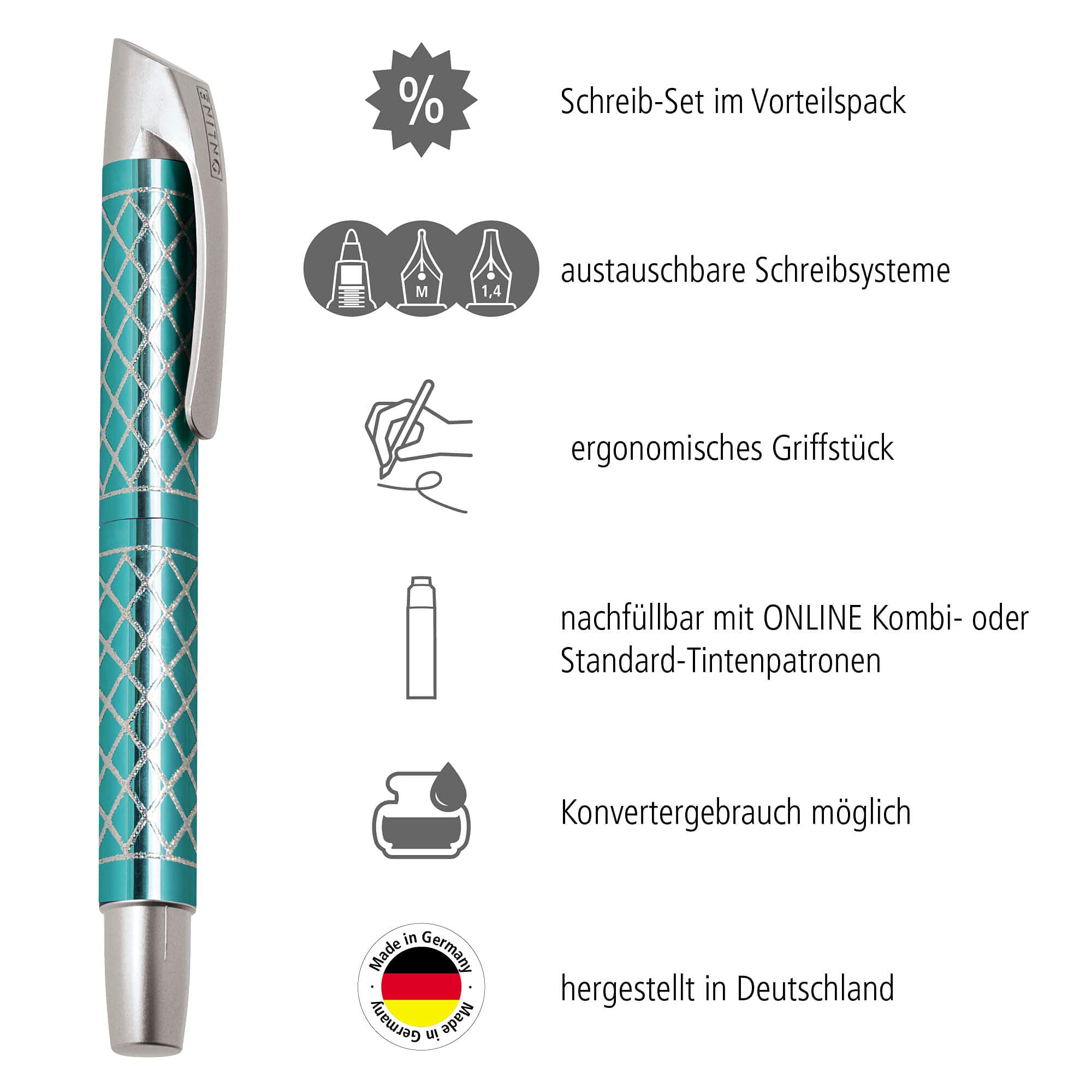 online-campus-schreibset-3-teilig-t-rkis-f-ller-rollerball-kalligraphie image 2