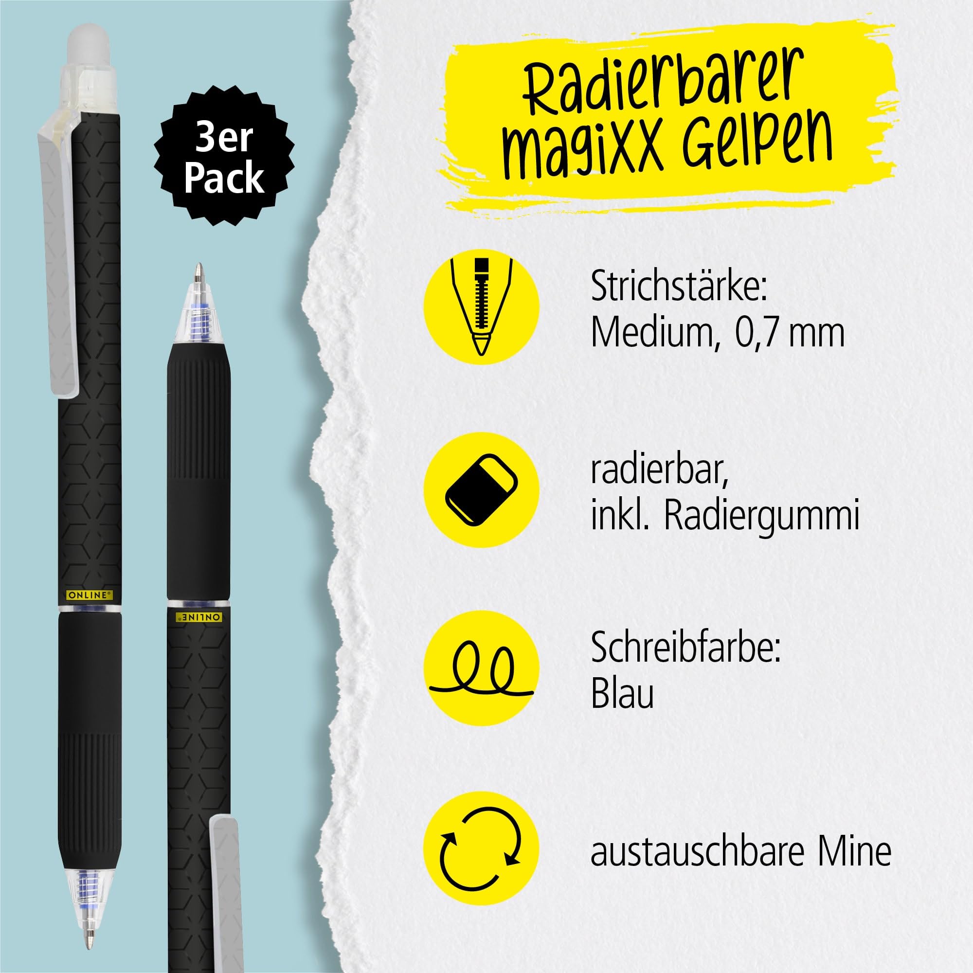 online-magixx-radierbarer-gelschreiber-blau-0-7-mm-3er-set image 2