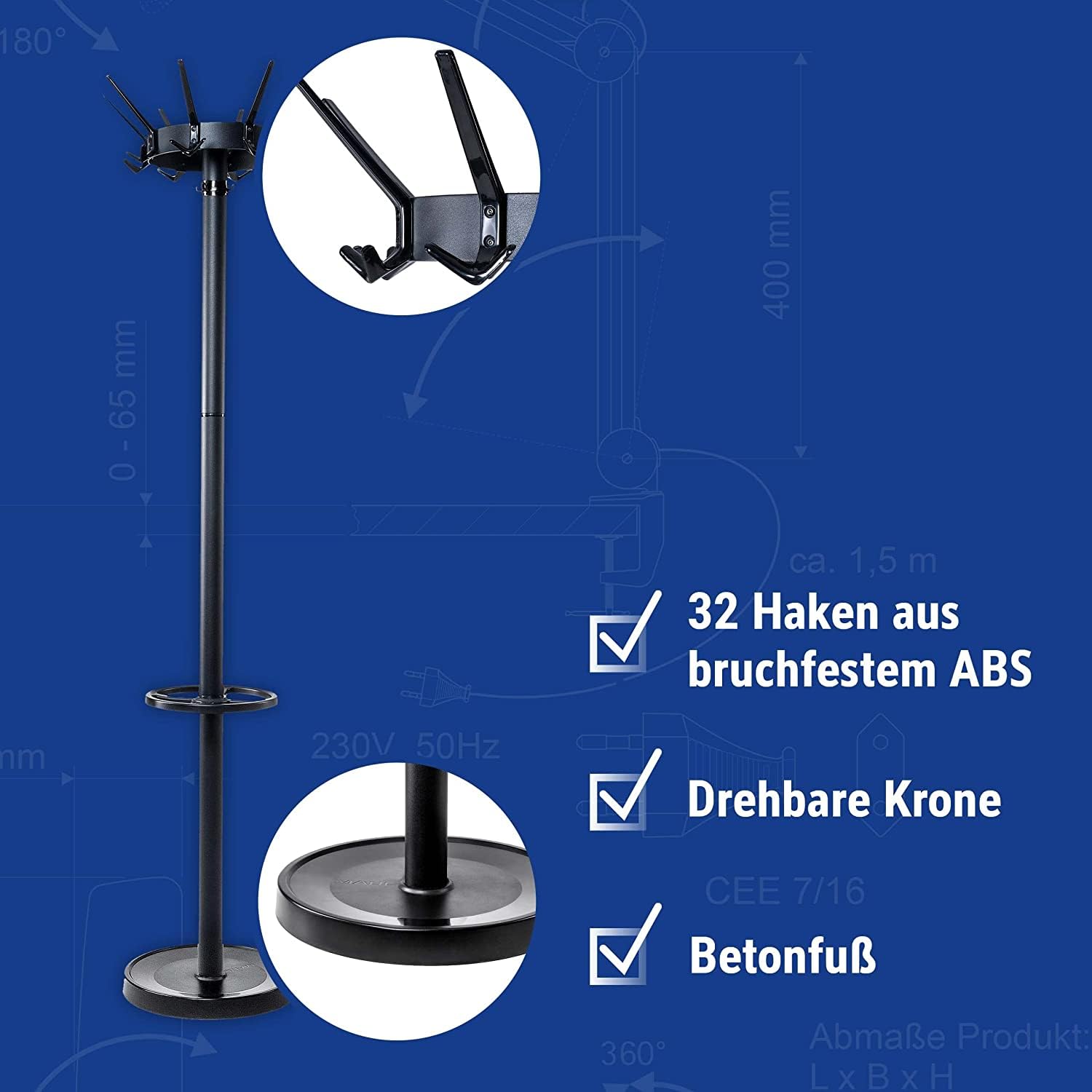 maul-maulcaligo-standgarderobe-schwarz-32-haken-drehbar-mit-schirmhalter image 4