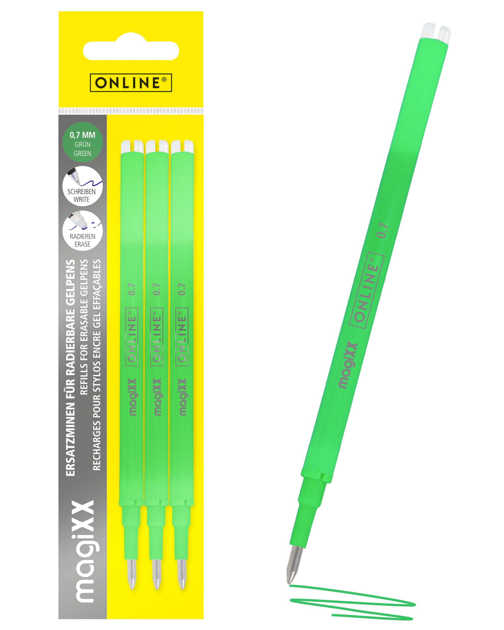 online-magixx-radierbare-ersatzminen-gr-n-0-7-mm-3er-f-r-gel-tintenroller image 1