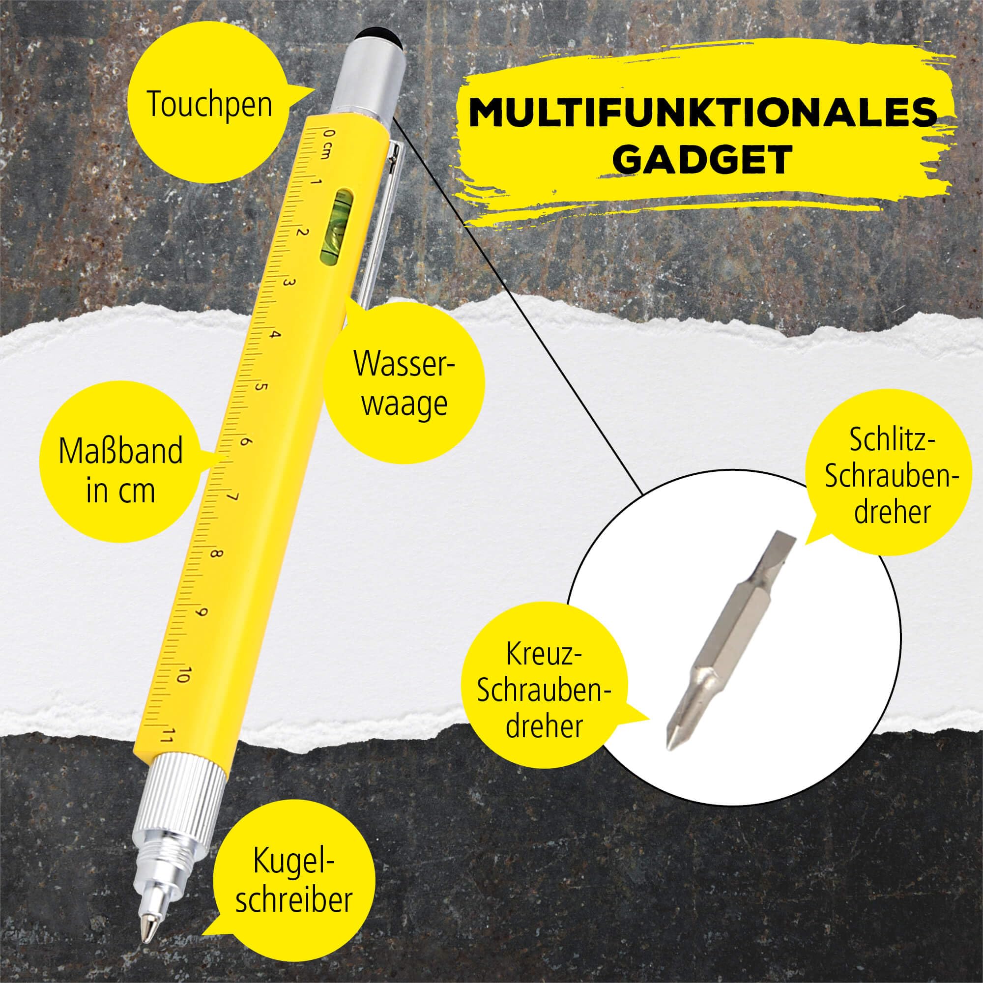 online-hexagon-toolpen-6-in-1-kugelschreiber-gelb-multitool-stift image 2