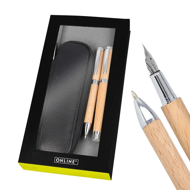 online-eleganza-holz-schreibset-f-ller-m-kuli-lederetui image 1